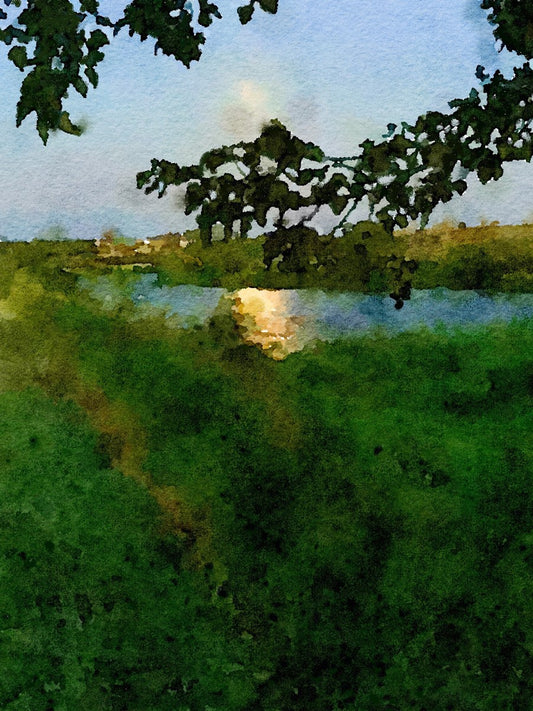 Watercolor Print 11"x14", Fishing Until Summer Darkness, with Poem